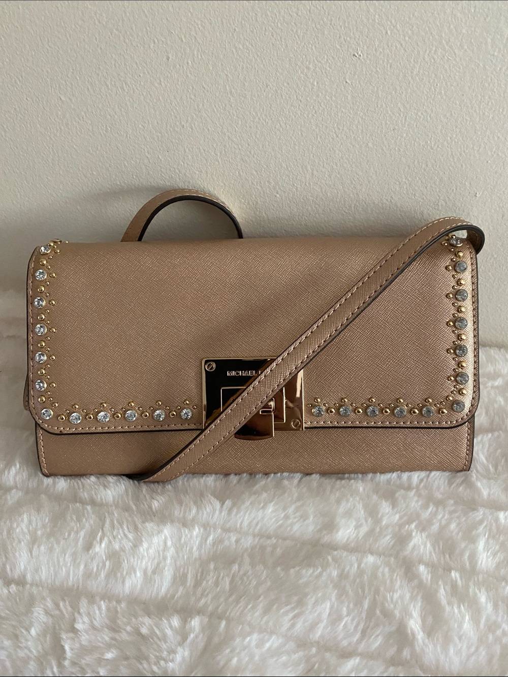Michael Kors Saffiano Leather Tina Clutch Shoulder Bag in Rose Gold